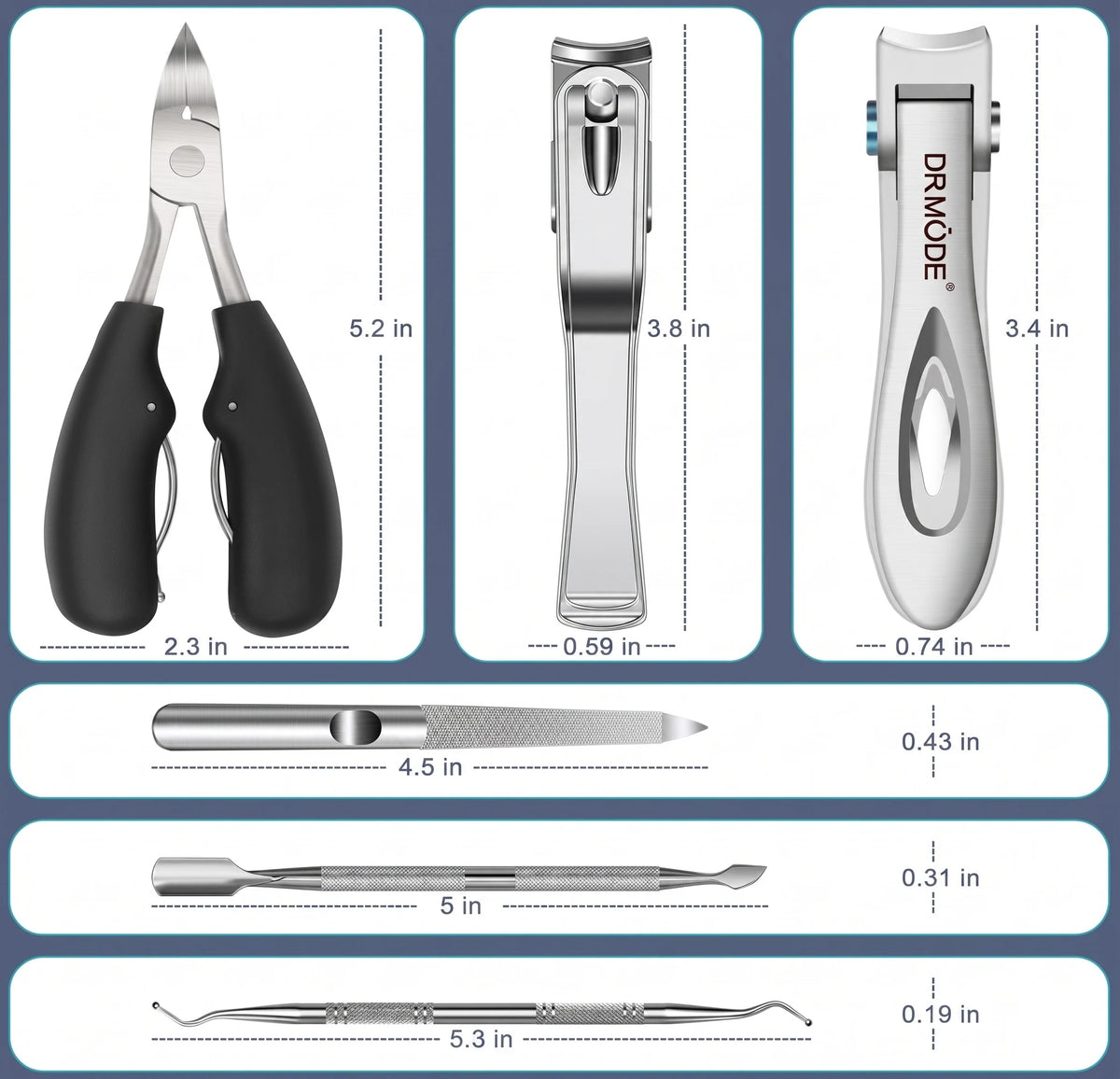 A complete 6-piece professional toenail clippers set for thick nails, displaying each tool with its dimensions