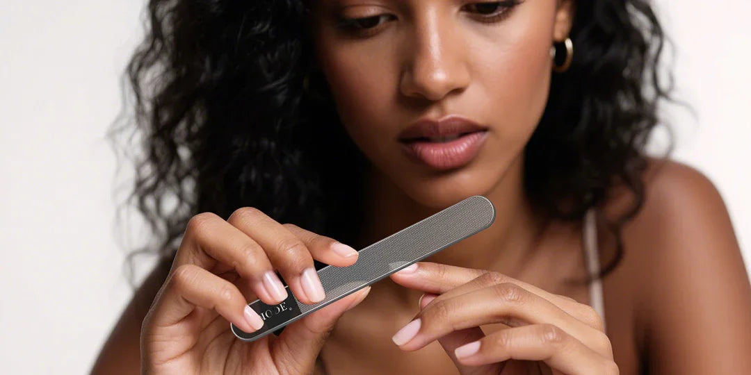 Woman filing nails with a precision metal nail file, close-up on grooming tool