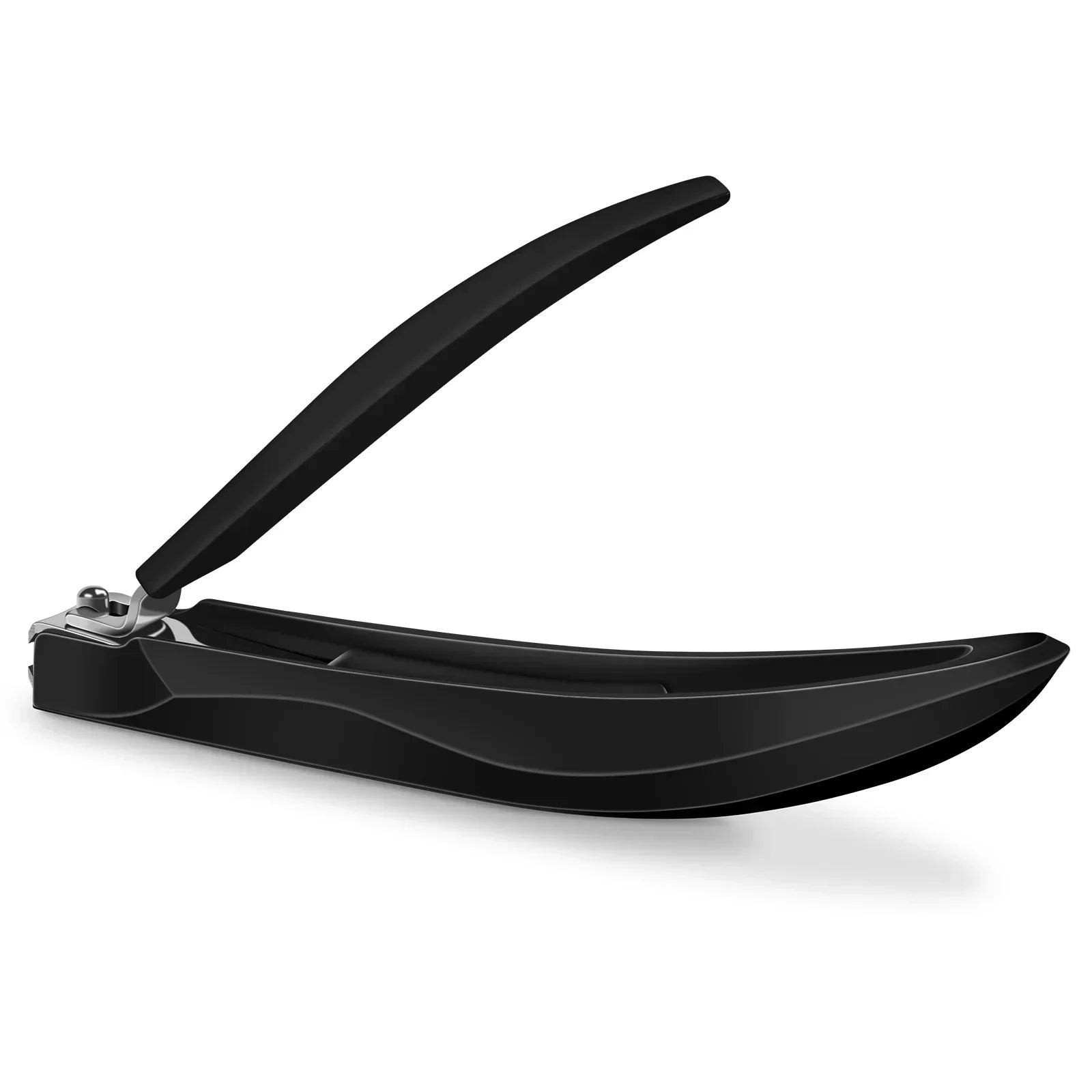 Sleek black nail clipper with ergonomic handle on white background