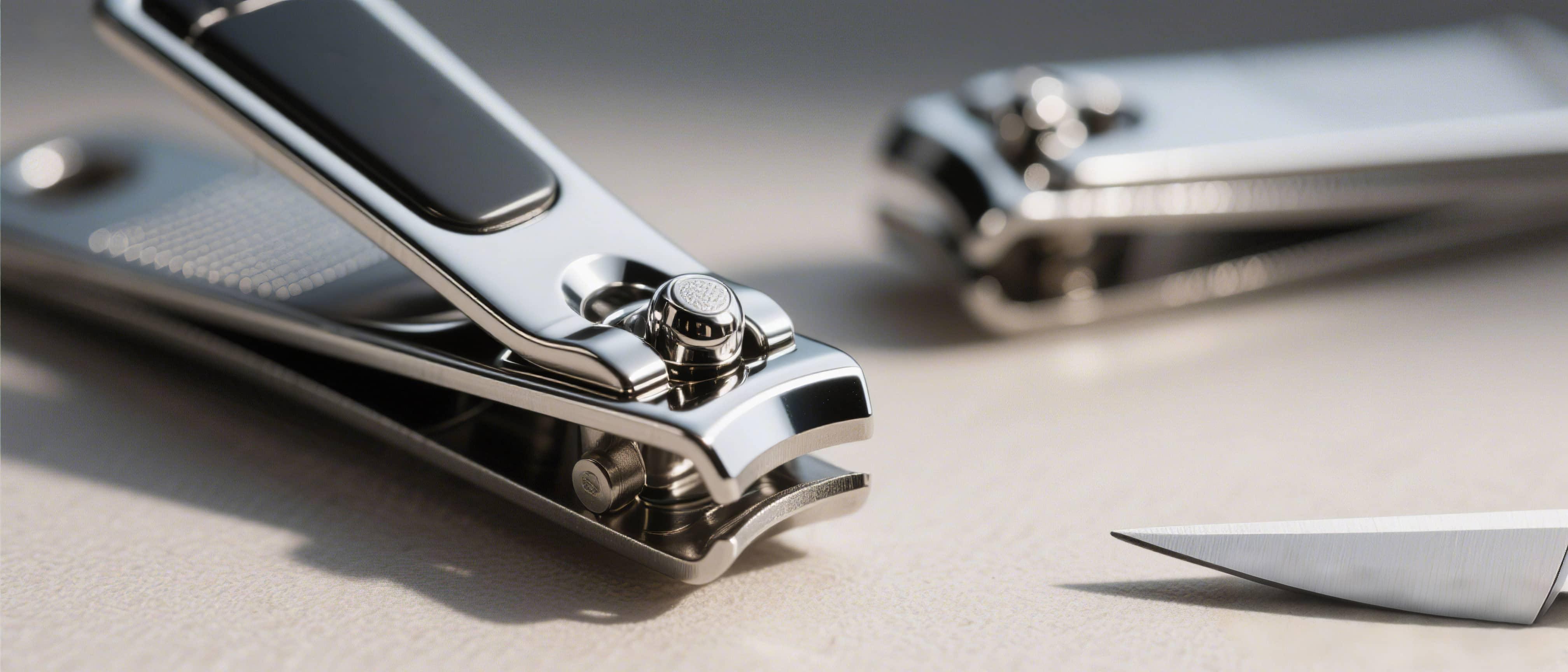 Close-up of stainless steel nail clippers and precision grooming tool on a light surface