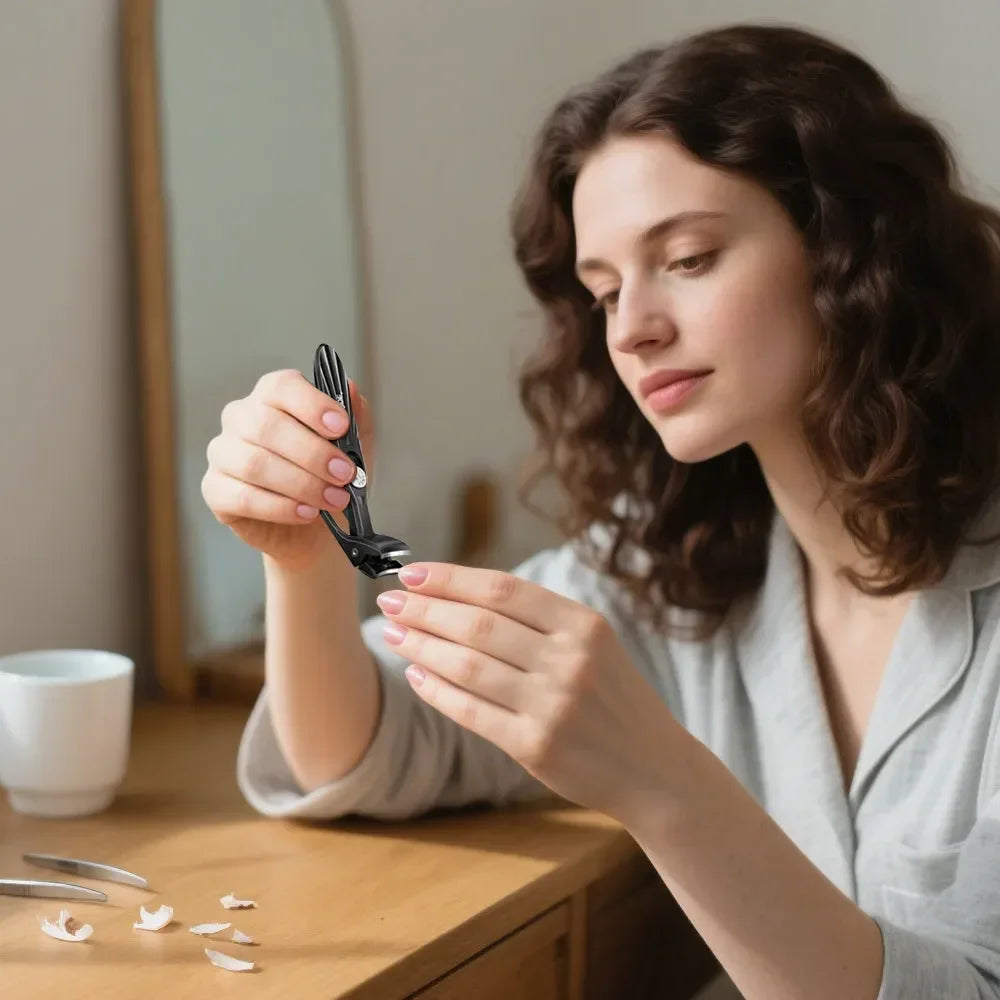 Woman using black nail clippers at a wooden vanity for at-home manicure grooming