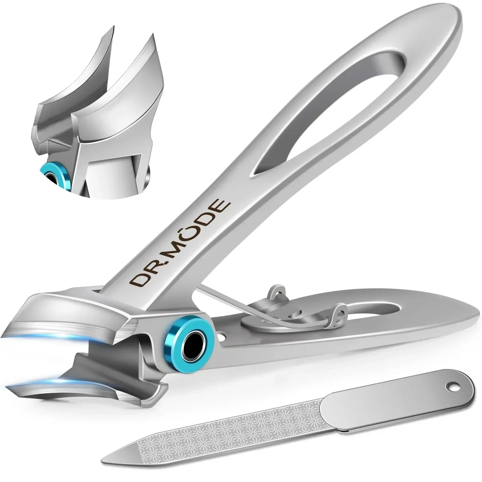 Stainless steel nail clippers with ergonomic handle, sharp curved blades, and a metal nail file