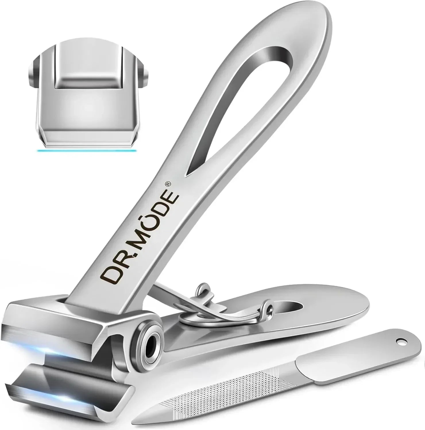 Stainless steel nail clippers with integrated nail file and precision cutting edge.