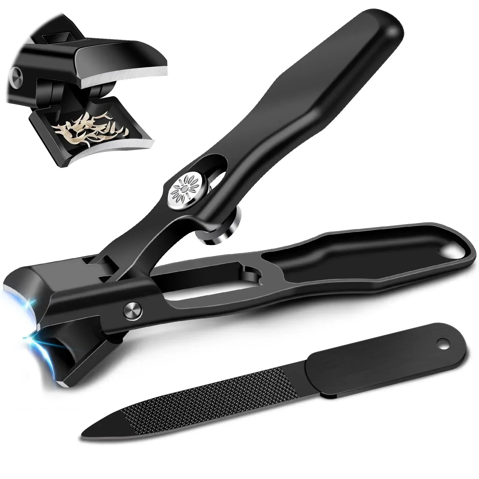 Black nail clippers with built-in LED light, nail catcher, and matching nail file on white background.