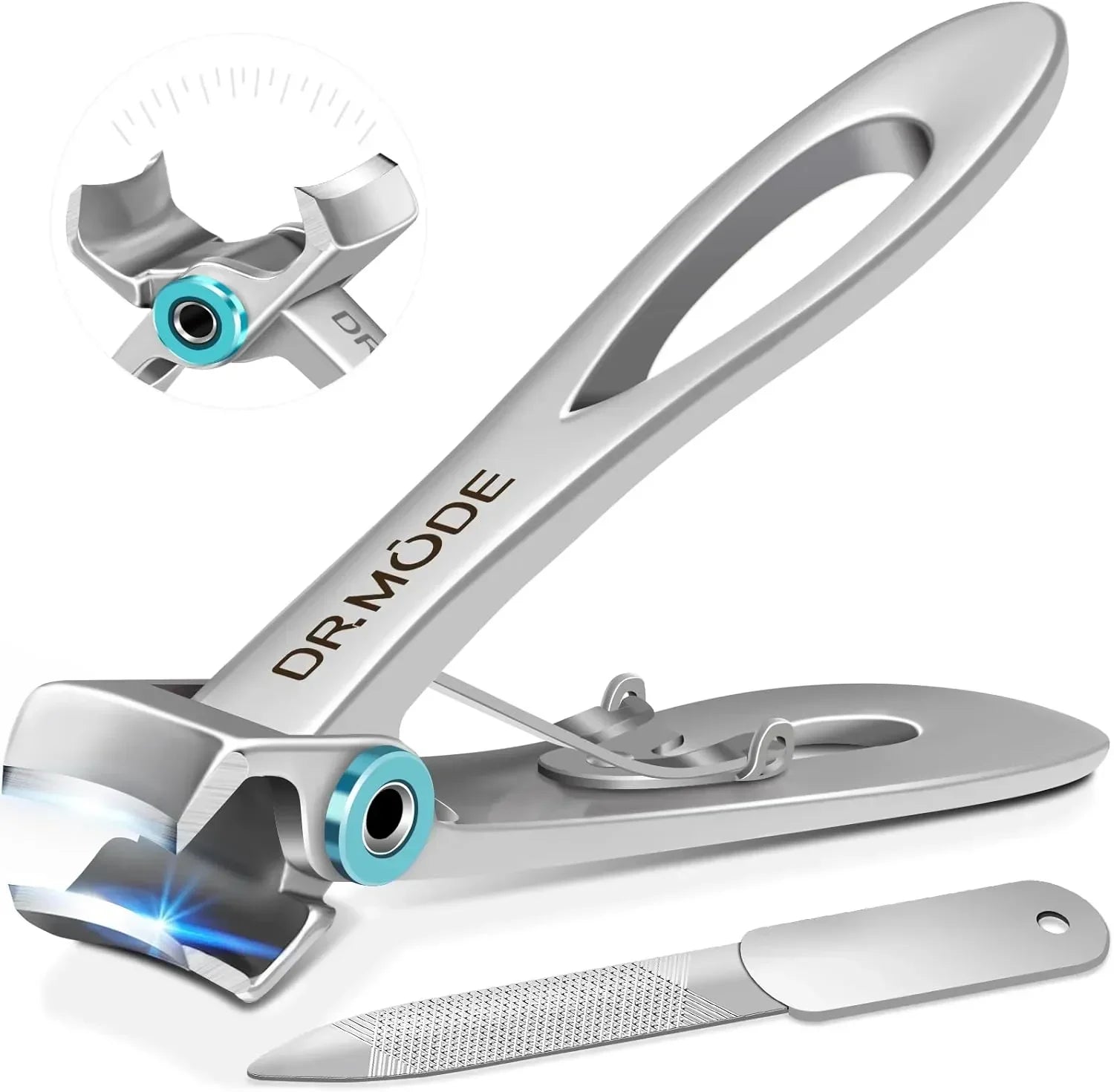 Stainless steel nail clipper with precision blade and nail file on white background
