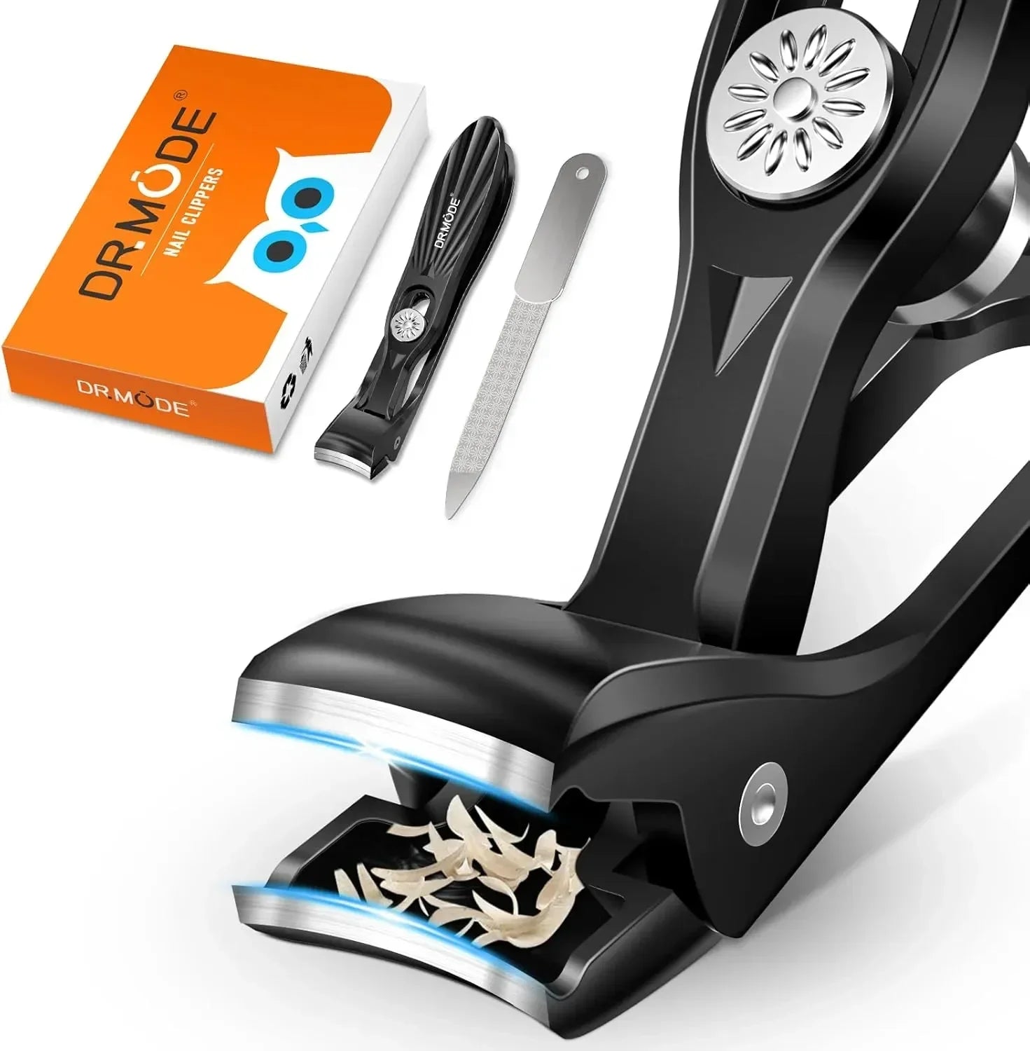 Precision nail clippers set with built-in catcher, nail file, and orange box on white background.