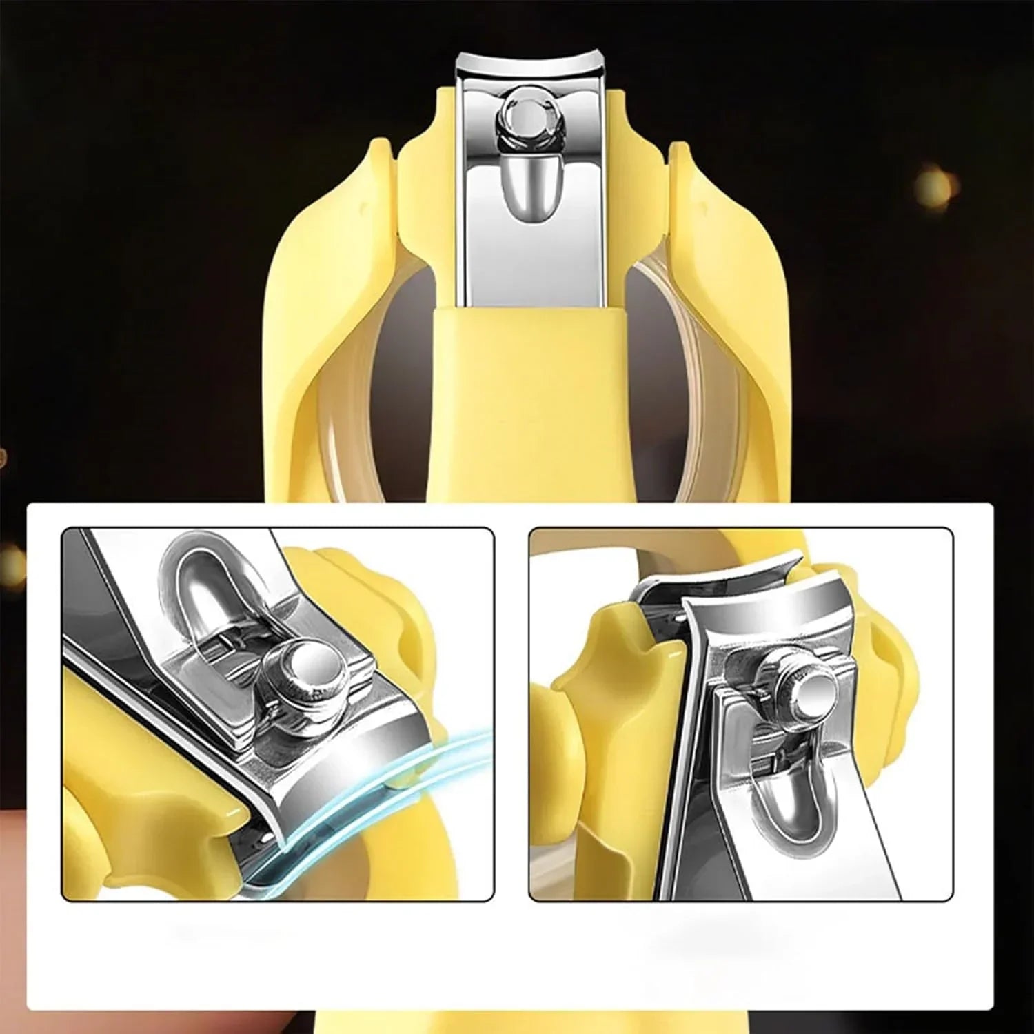 Yellow handle stainless steel nail clippers with close-up details on precision cutting edges