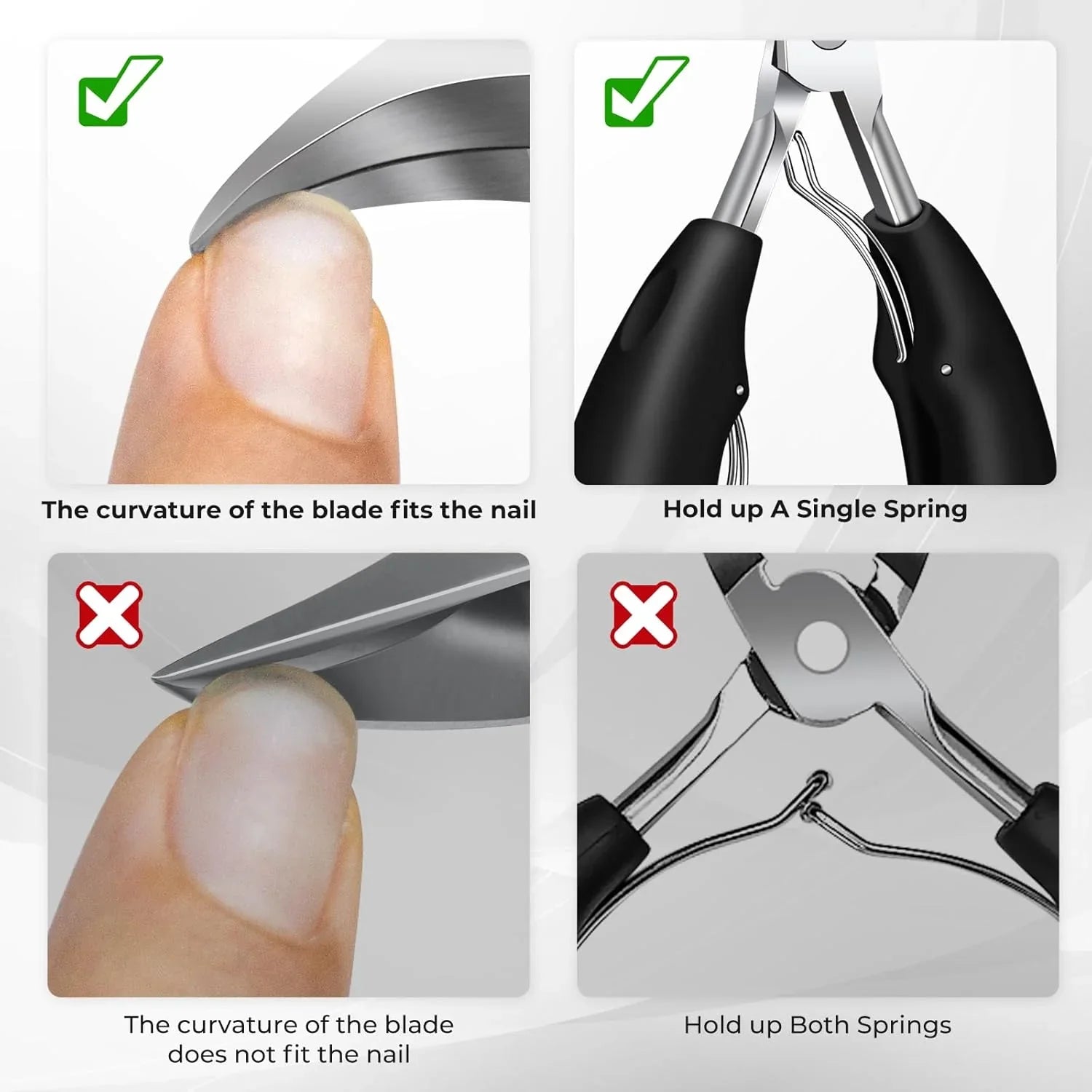 Diagram comparing correct and incorrect nail clipper use, showing blade curvature and spring use.