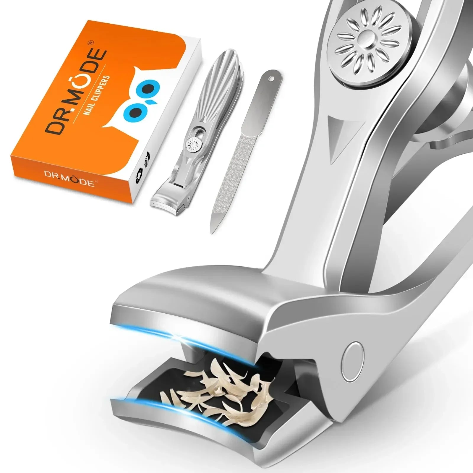 Stainless steel nail clipper set with nail file and collector, orange packaging visible