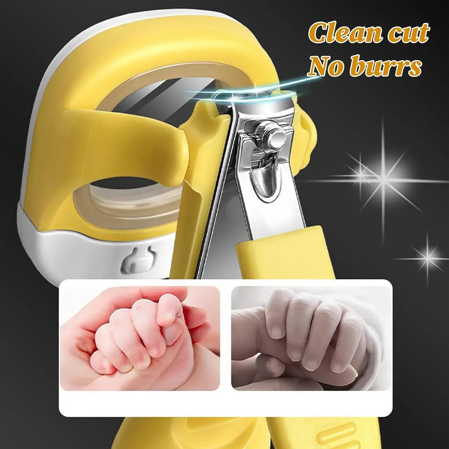 Yellow baby nail clippers with magnifier, safe baby nail care, clean cut, no burrs, close-up.