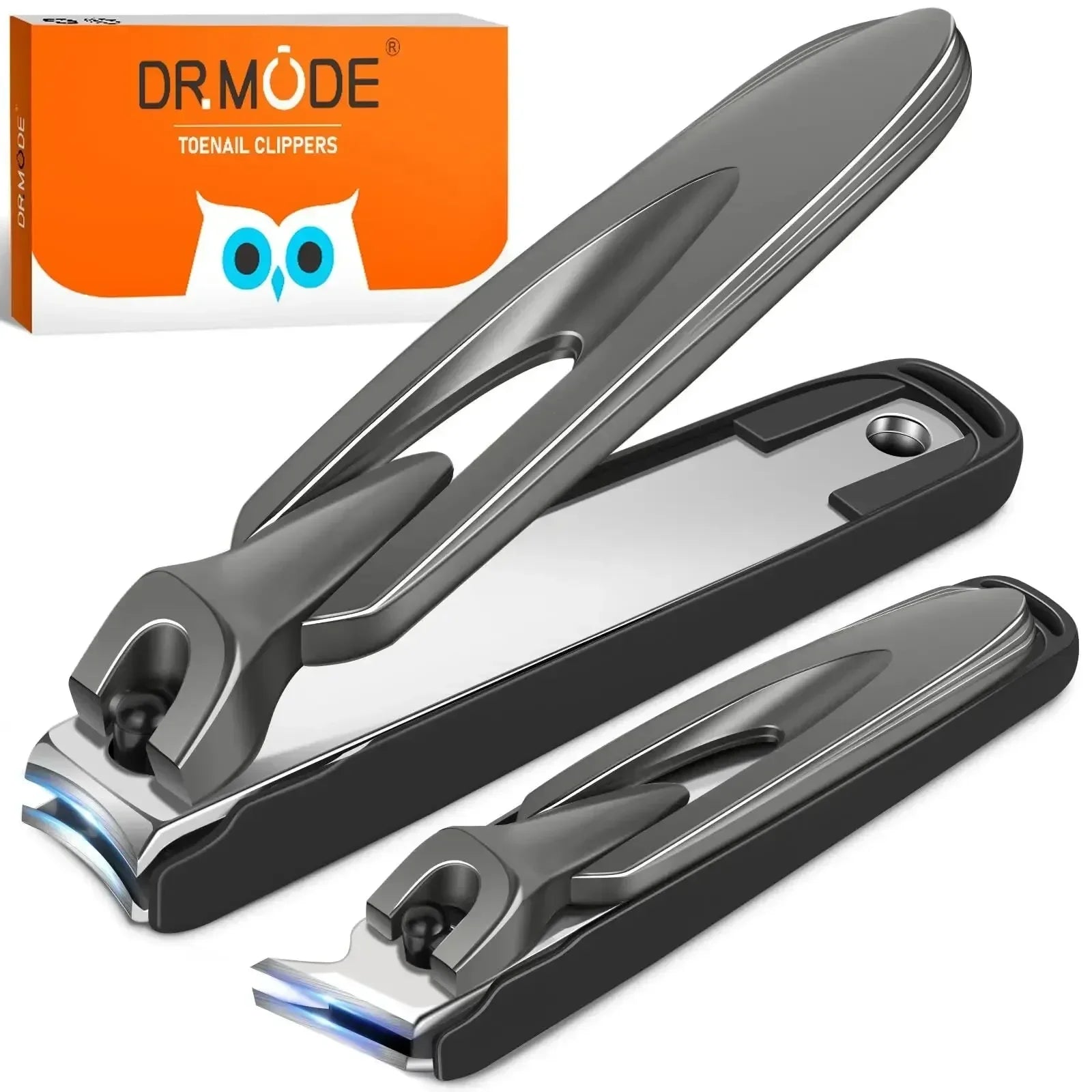 Stainless steel toenail clippers set with ergonomic handles and orange packaging box