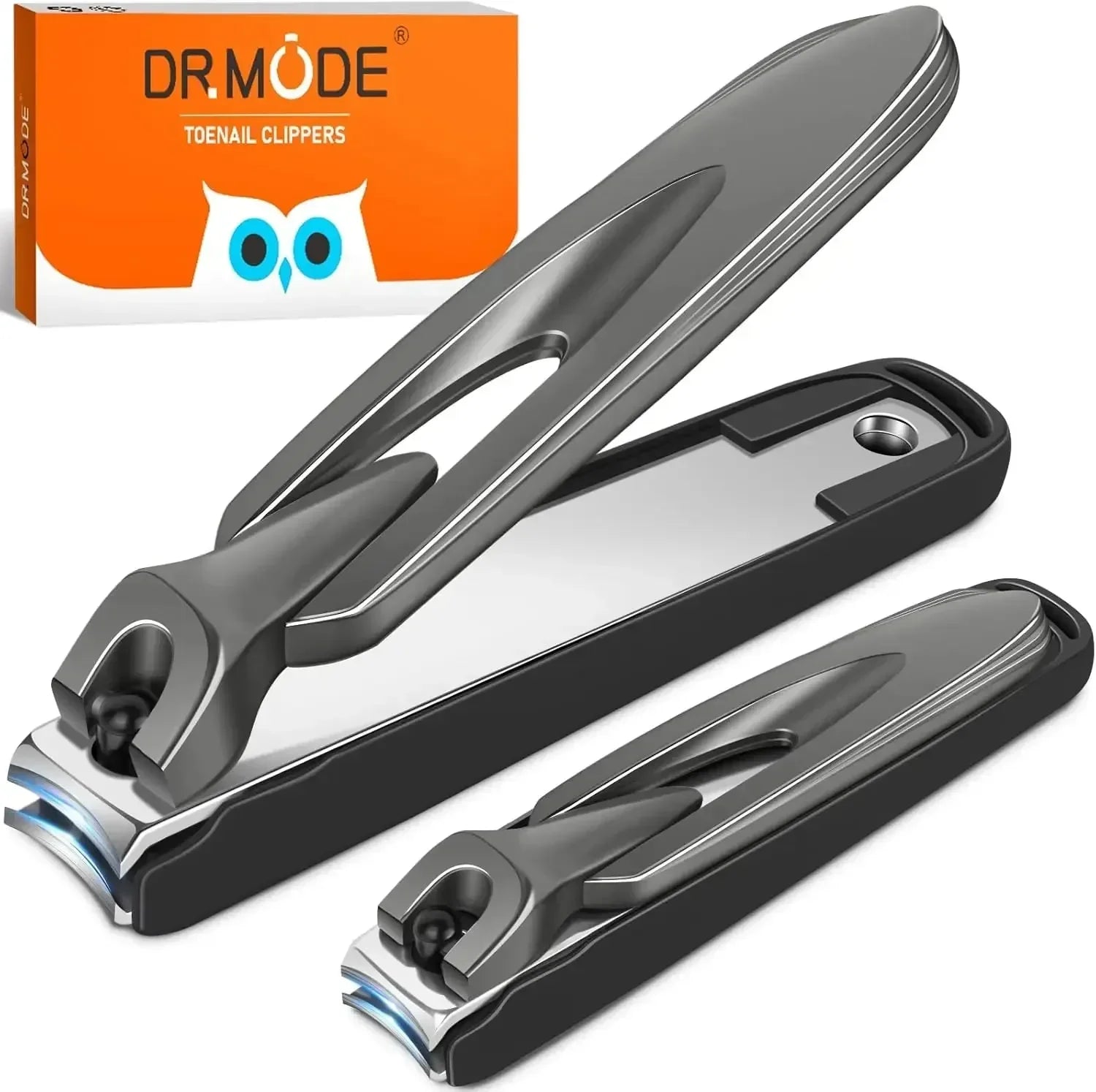 metal toenail clippers with ergonomic design and beveled edge, orange box in background