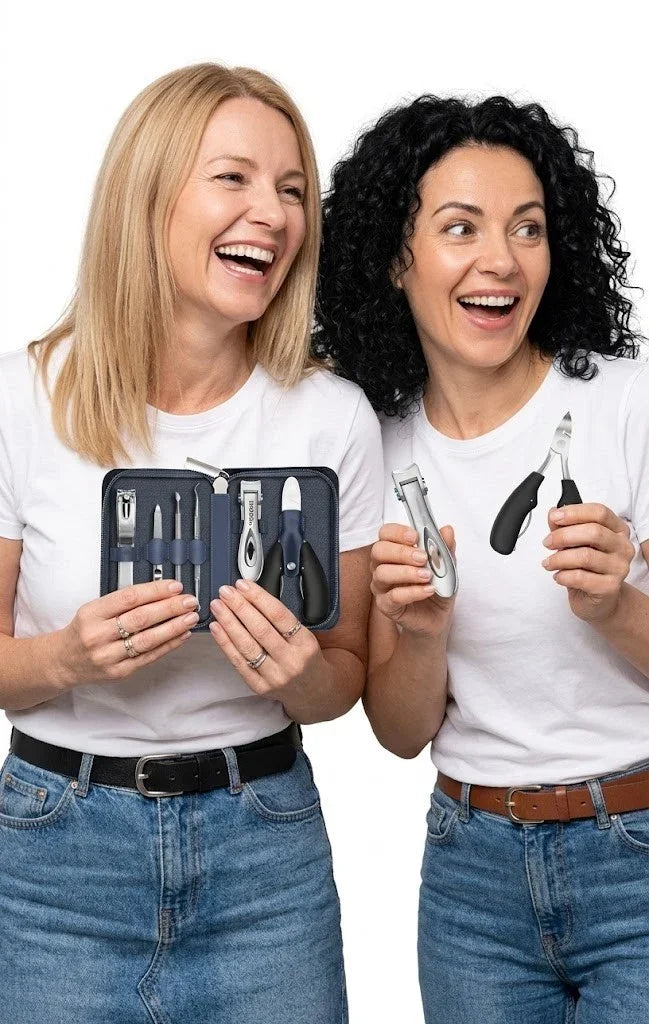 Two smiling women holding a complete professional manicure and pedicure tools kit featuring toenail clippers, fingernail clippers, nail file and other nail grooming essentials for versatile trimming at home or on the go