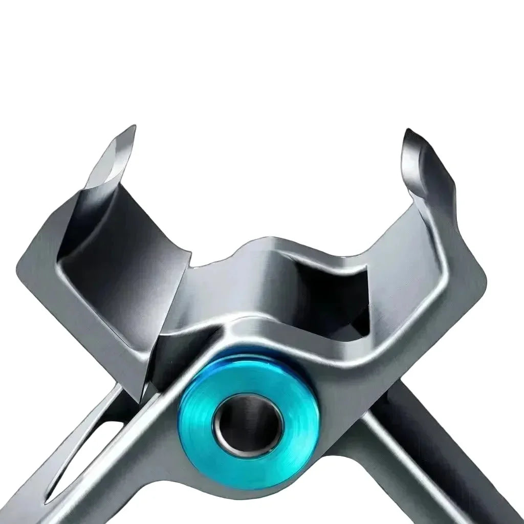 Extreme close-up of the precision sharpened blades and durable blue pivot mechanism of a professional heavy-duty nail clipper, showcasing premium construction for long-lasting performance