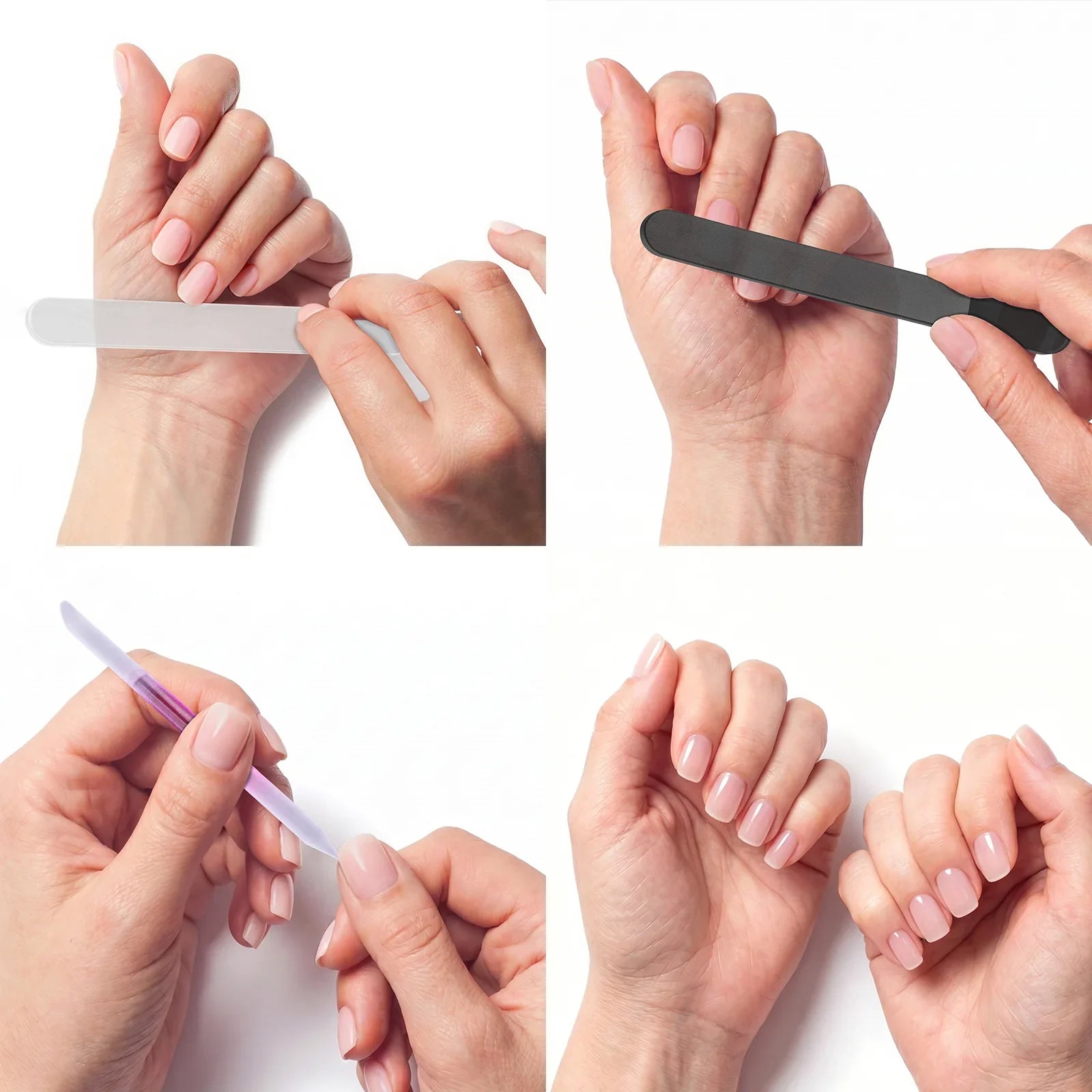 Step by step tutorial showing how to use glass nail file for natural nails, creates smooth shiny finish without splitting or damaging nail edges