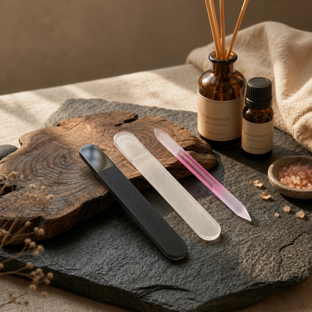 Three frosted glass nail files in black, clear, and pink ombre arranged on a rustic wooden slab alongside a sandalwood aroma diffuser, essential oil, and Himalayan pink salt — a serene spa-inspired flat lay showcasing professional crystal nail care tools.