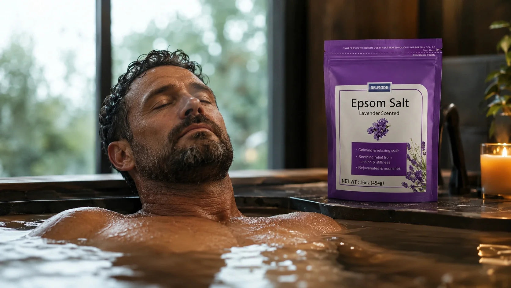 Man sinking into a deep, relaxing epsom salt bath soak after a long day, illustrating the traditional use of epsom salt soaks and bath salts for muscle recovery and tension relief