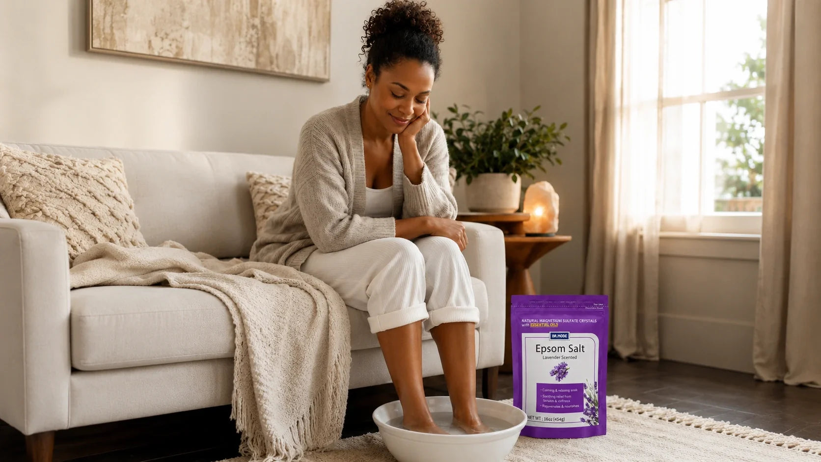 Woman enjoying feet soaking in epsom salt at home in a cozy living room — a soothing epsom salt foot soak ritual for tired feet, also called an epsom salt foot bath or foot soak with epsom salt