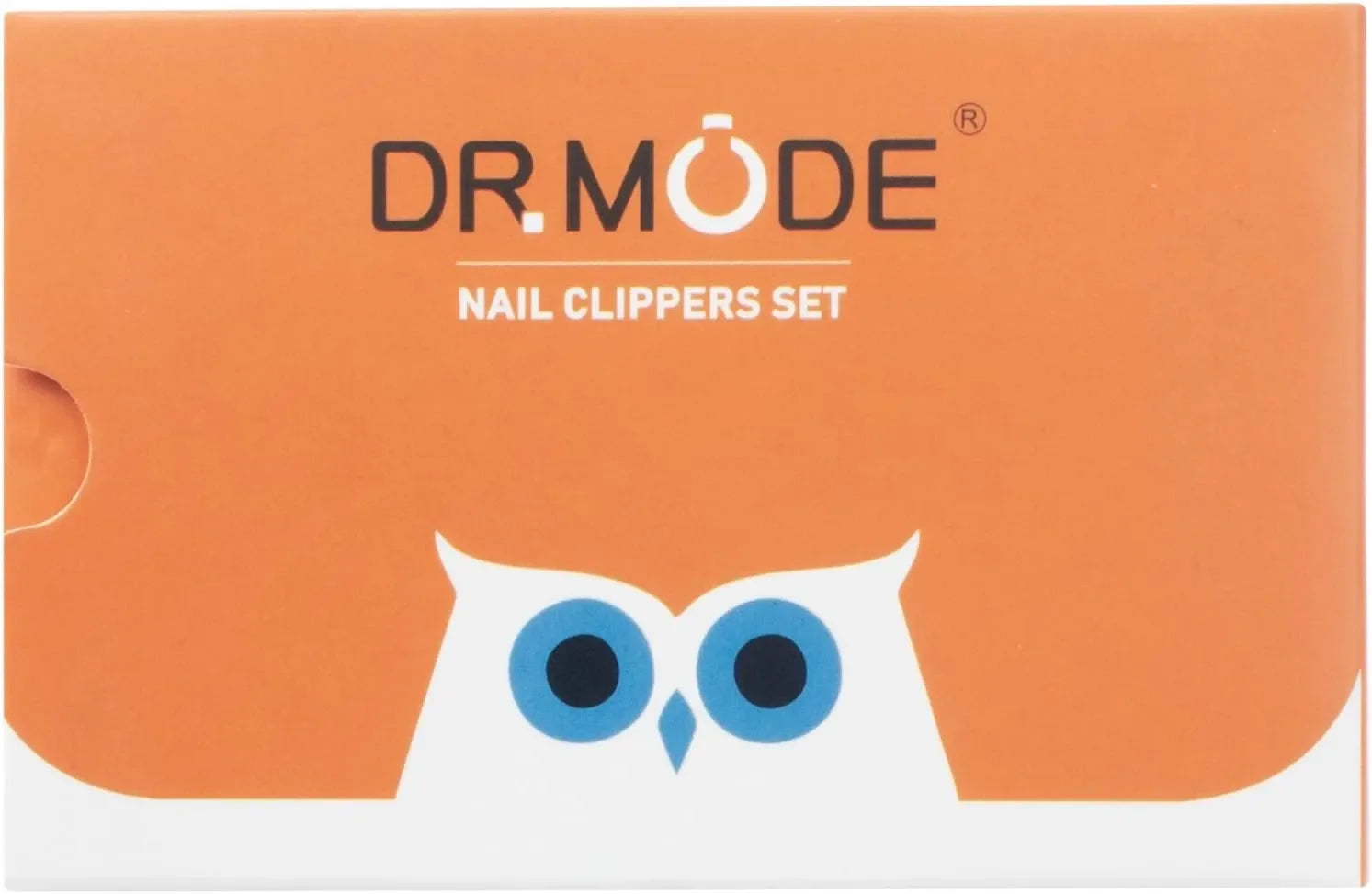 Orange nail clippers set box with owl graphic and clear text on the front.