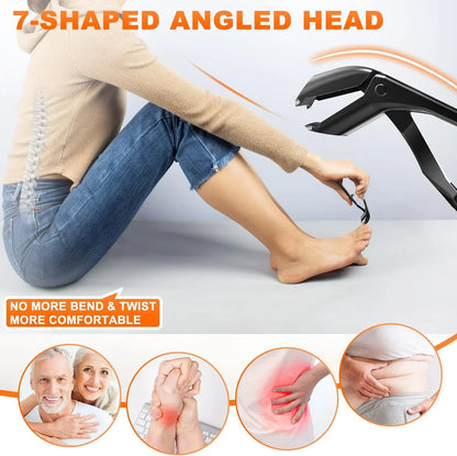 Person using 7-shaped angled head toenail clippers on foot, ergonomic design for comfort.