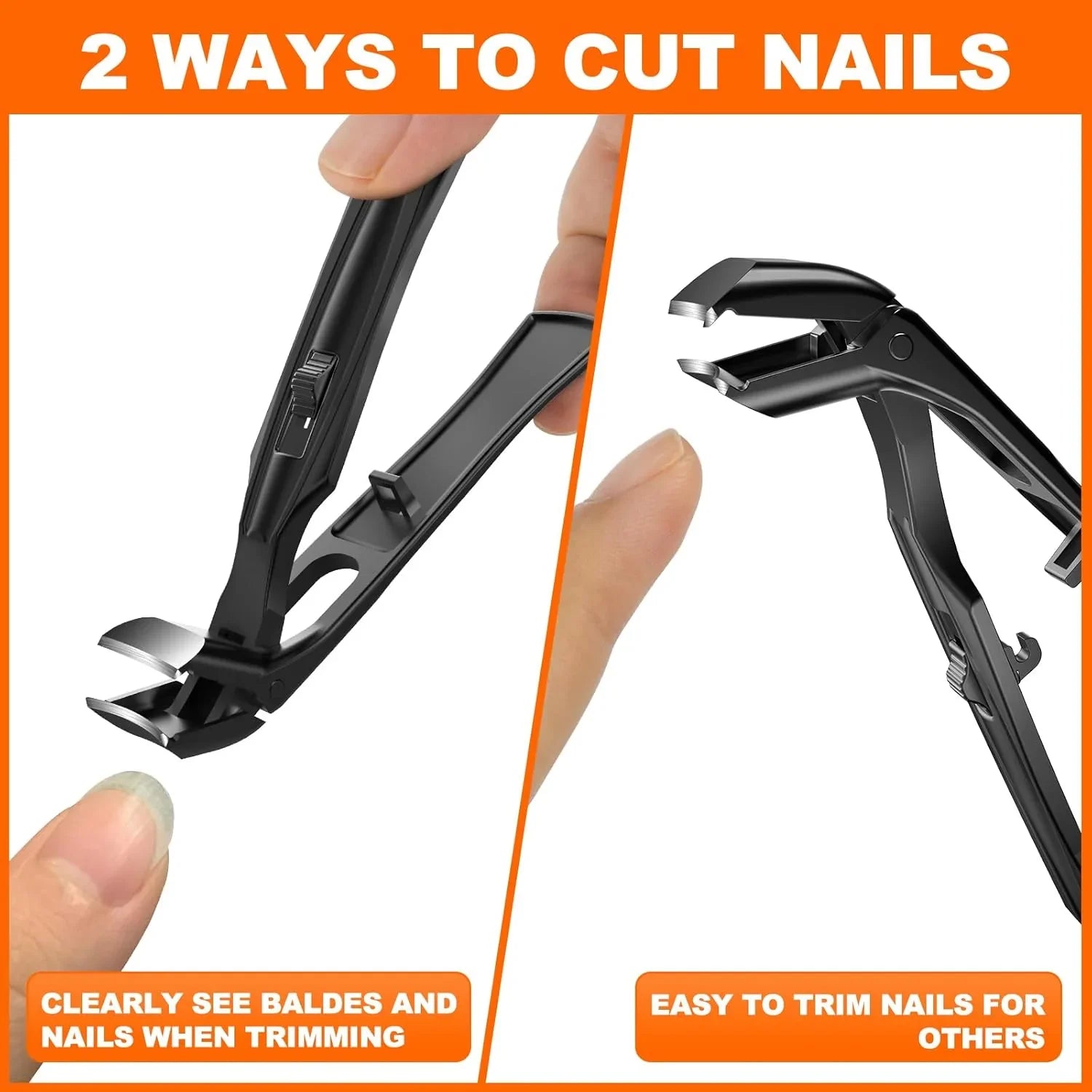 Two-way nail clippers with sharp blades trimming fingernails, ergonomic handle design
