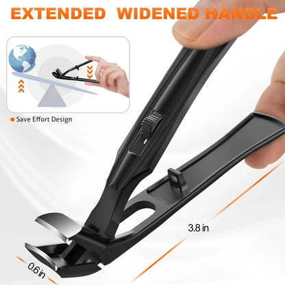 Black nail clipper with extended widened handle, save effort design, measurements overlayed