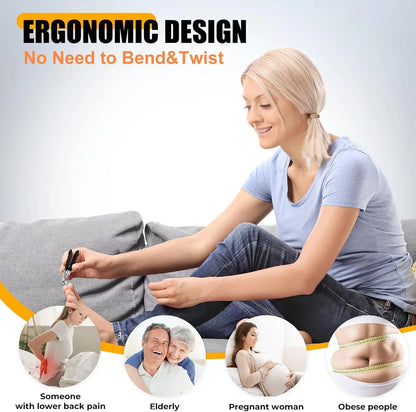 Woman using ergonomic nail clippers on sofa, text highlighting easy use for back pain, elderly, pregnancy, and limited mobility.