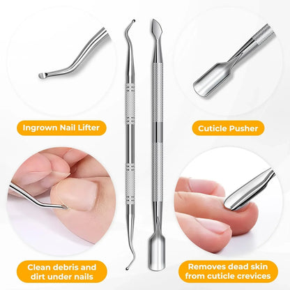 Stainless steel ingrown nail lifter and cuticle pusher set for nail care and manicure.