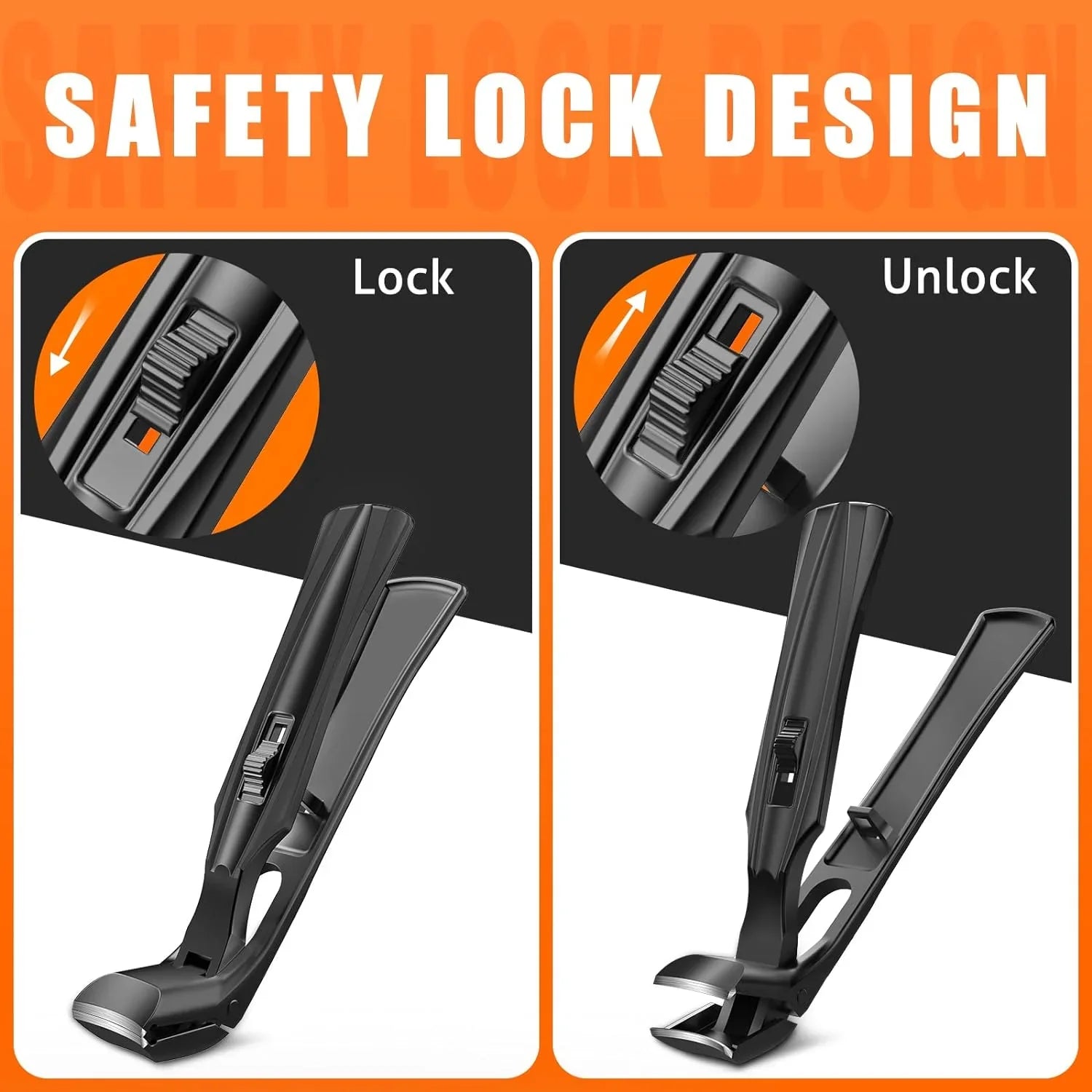 Black nail clippers with safety lock design, showing locked and unlocked positions.