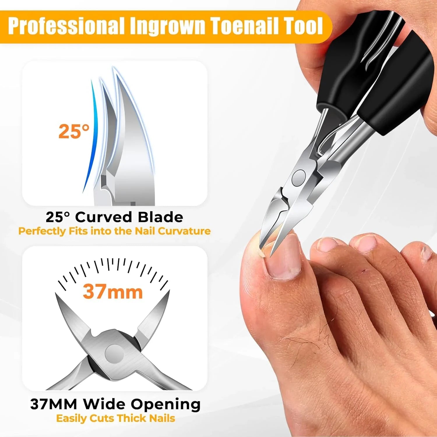 Ingrown toenail clipper with 25-degree curved blade trimming a toenail, 37mm wide opening