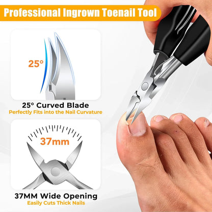 Ingrown toenail clipper with 25-degree curved blade trimming a toenail, 37mm wide opening