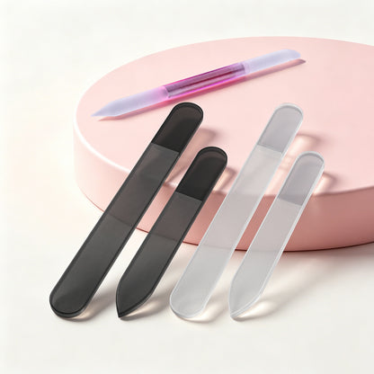 Professional crystal glass nail file set in black, clear and purple colors, premium manicure tools for natural nail shaping and care