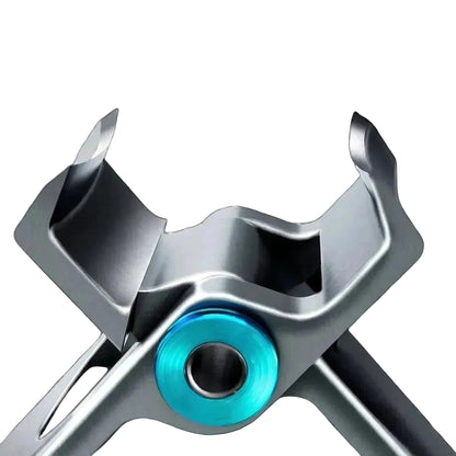 Extreme close-up of the precision sharpened blades and durable blue pivot mechanism of a professional heavy-duty nail clipper, showcasing premium construction for long-lasting performance