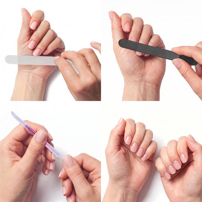 Step by step tutorial showing how to use glass nail file for natural nails, creates smooth shiny finish without splitting or damaging nail edges