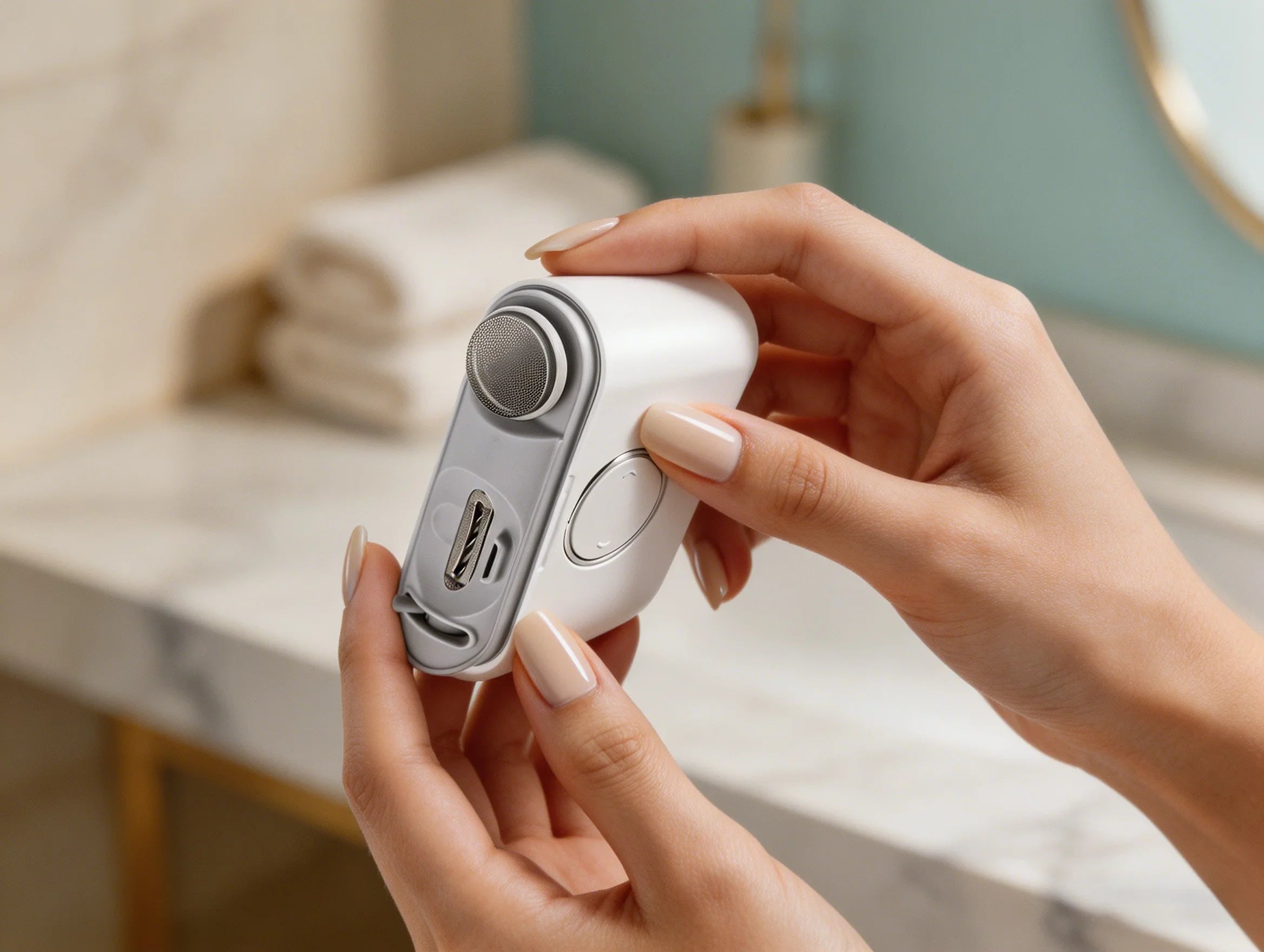 Close-up of DRMODE 2-in-1 electric nail clipper showing dual trimming and grinding heads, safe design