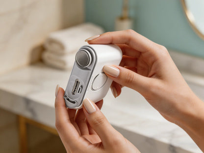 Close-up of DRMODE 2-in-1 electric nail clipper showing dual trimming and grinding heads, safe design